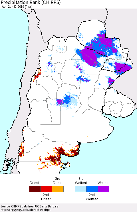 Southern South America Precipitation Rank since 1981 (CHIRPS) Thematic Map For 4/21/2019 - 4/30/2019