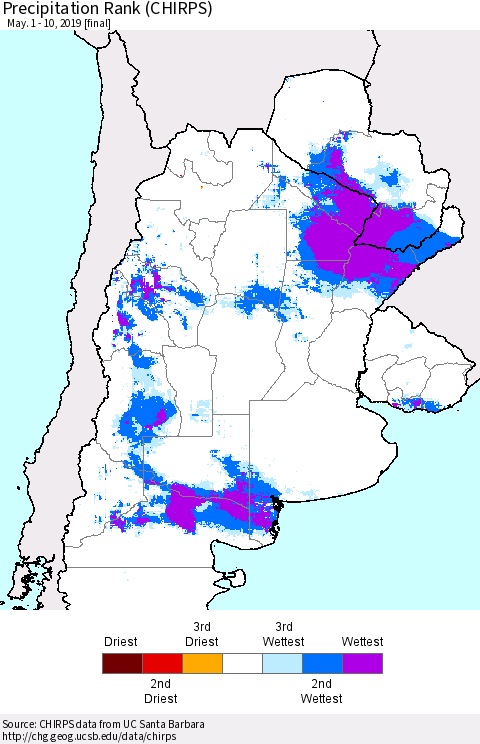 Southern South America Precipitation Rank since 1981 (CHIRPS) Thematic Map For 5/1/2019 - 5/10/2019
