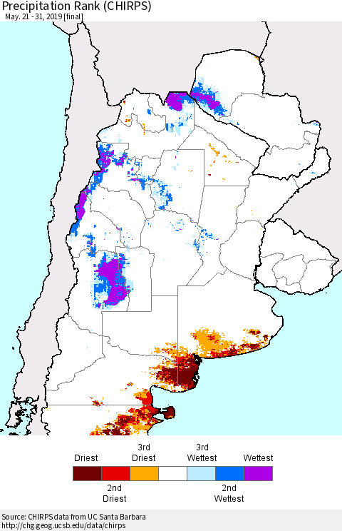 Southern South America Precipitation Rank since 1981 (CHIRPS) Thematic Map For 5/21/2019 - 5/31/2019