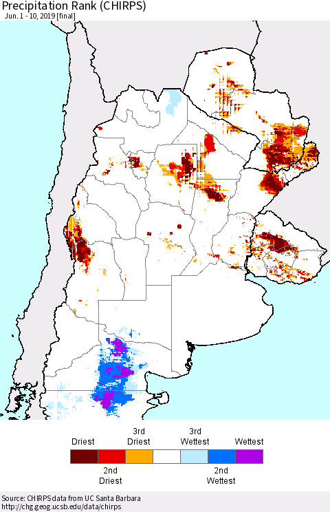 Southern South America Precipitation Rank since 1981 (CHIRPS) Thematic Map For 6/1/2019 - 6/10/2019