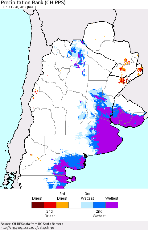 Southern South America Precipitation Rank since 1981 (CHIRPS) Thematic Map For 6/11/2019 - 6/20/2019