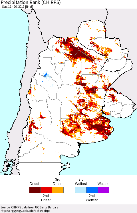 Southern South America Precipitation Rank since 1981 (CHIRPS) Thematic Map For 9/11/2019 - 9/20/2019