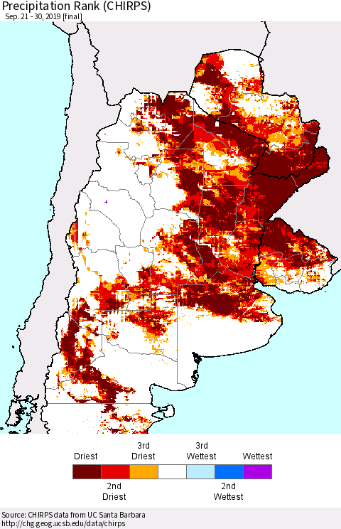Southern South America Precipitation Rank since 1981 (CHIRPS) Thematic Map For 9/21/2019 - 9/30/2019