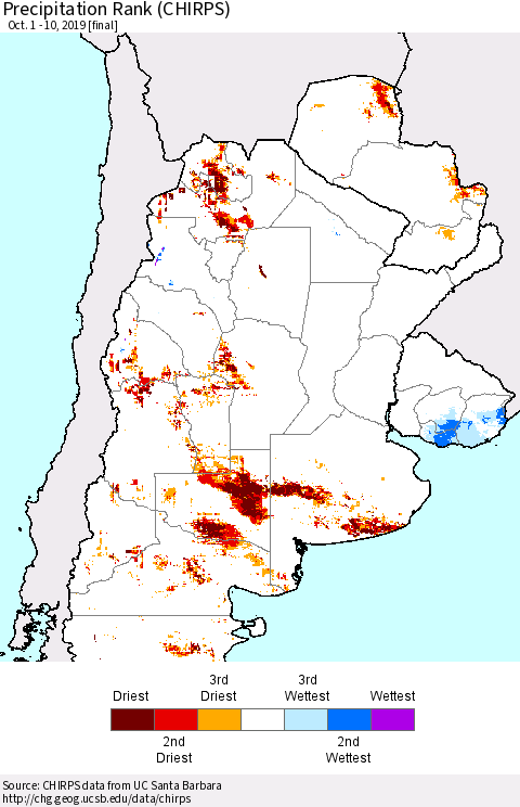 Southern South America Precipitation Rank since 1981 (CHIRPS) Thematic Map For 10/1/2019 - 10/10/2019