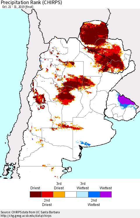 Southern South America Precipitation Rank since 1981 (CHIRPS) Thematic Map For 10/21/2019 - 10/31/2019
