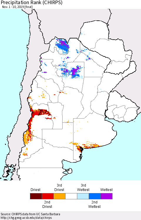 Southern South America Precipitation Rank since 1981 (CHIRPS) Thematic Map For 11/1/2019 - 11/10/2019