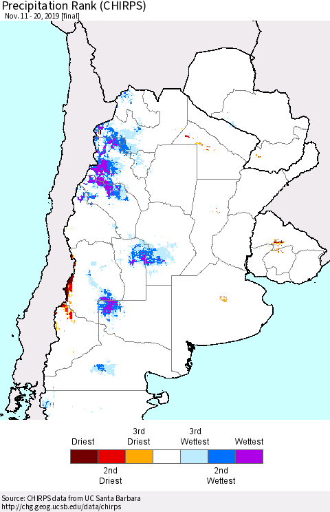 Southern South America Precipitation Rank since 1981 (CHIRPS) Thematic Map For 11/11/2019 - 11/20/2019