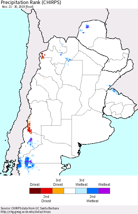 Southern South America Precipitation Rank since 1981 (CHIRPS) Thematic Map For 11/21/2019 - 11/30/2019