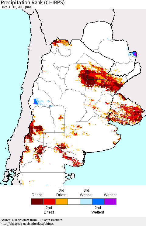 Southern South America Precipitation Rank since 1981 (CHIRPS) Thematic Map For 12/1/2019 - 12/10/2019