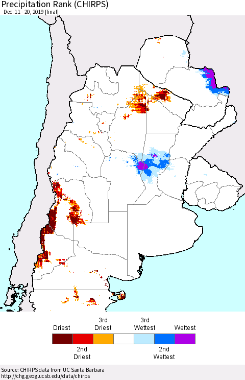 Southern South America Precipitation Rank since 1981 (CHIRPS) Thematic Map For 12/11/2019 - 12/20/2019