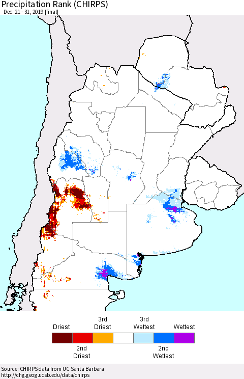 Southern South America Precipitation Rank since 1981 (CHIRPS) Thematic Map For 12/21/2019 - 12/31/2019