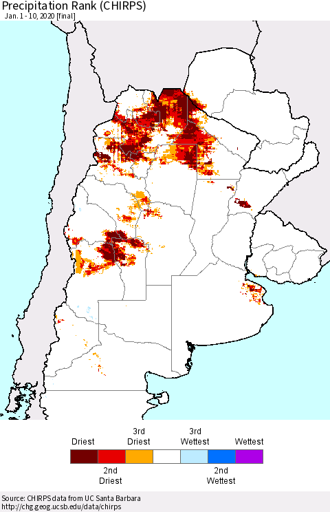 Southern South America Precipitation Rank since 1981 (CHIRPS) Thematic Map For 1/1/2020 - 1/10/2020