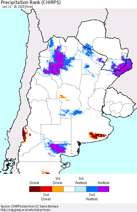 Southern South America Precipitation Rank since 1981 (CHIRPS) Thematic Map For 1/11/2020 - 1/20/2020