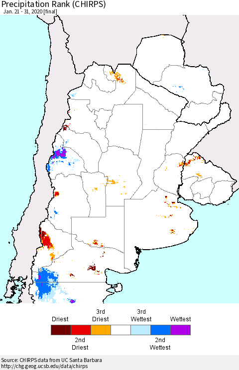 Southern South America Precipitation Rank since 1981 (CHIRPS) Thematic Map For 1/21/2020 - 1/31/2020