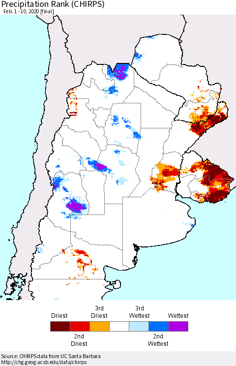 Southern South America Precipitation Rank since 1981 (CHIRPS) Thematic Map For 2/1/2020 - 2/10/2020