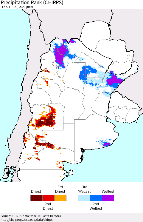 Southern South America Precipitation Rank since 1981 (CHIRPS) Thematic Map For 2/11/2020 - 2/20/2020