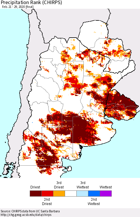 Southern South America Precipitation Rank since 1981 (CHIRPS) Thematic Map For 2/21/2020 - 2/29/2020