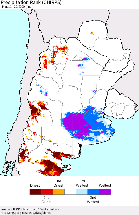 Southern South America Precipitation Rank since 1981 (CHIRPS) Thematic Map For 3/11/2020 - 3/20/2020
