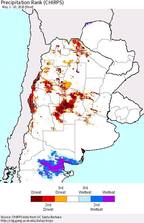 Southern South America Precipitation Rank since 1981 (CHIRPS) Thematic Map For 5/1/2020 - 5/10/2020