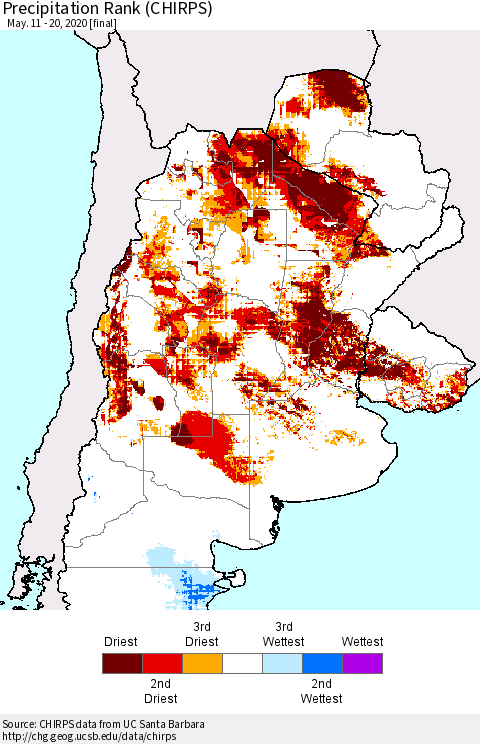 Southern South America Precipitation Rank since 1981 (CHIRPS) Thematic Map For 5/11/2020 - 5/20/2020
