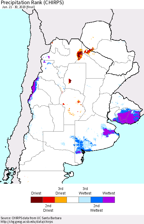 Southern South America Precipitation Rank since 1981 (CHIRPS) Thematic Map For 6/21/2020 - 6/30/2020
