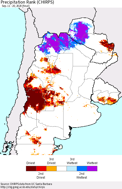 Southern South America Precipitation Rank (CHIRPS) Thematic Map For 9/11/2020 - 9/20/2020