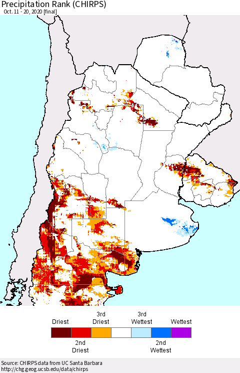 Southern South America Precipitation Rank (CHIRPS) Thematic Map For 10/11/2020 - 10/20/2020