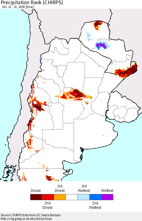 Southern South America Precipitation Rank (CHIRPS) Thematic Map For 10/21/2020 - 10/31/2020