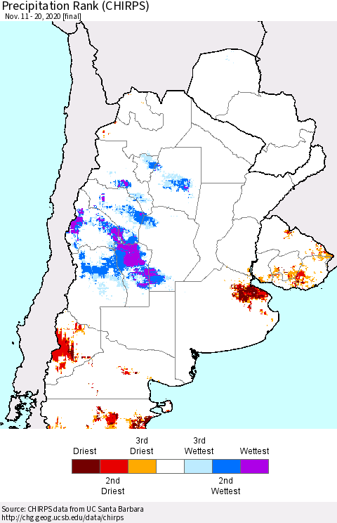 Southern South America Precipitation Rank (CHIRPS) Thematic Map For 11/11/2020 - 11/20/2020
