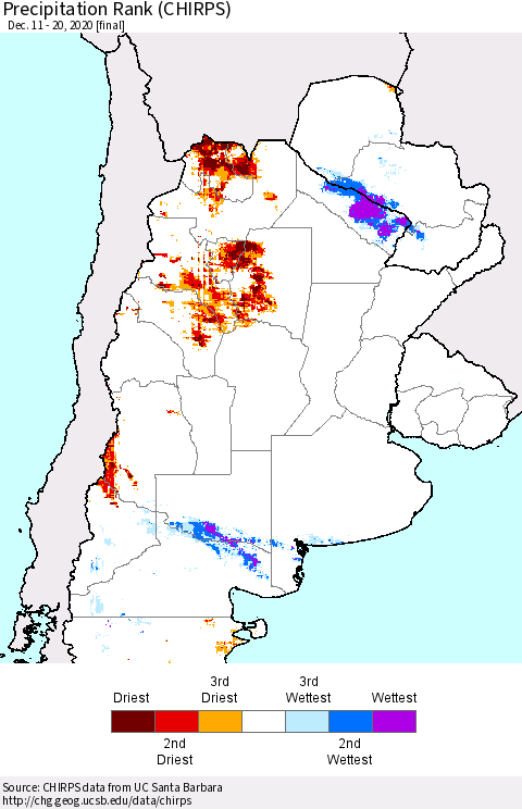 Southern South America Precipitation Rank (CHIRPS) Thematic Map For 12/11/2020 - 12/20/2020