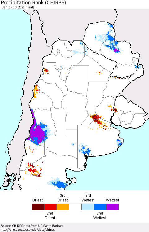 Southern South America Precipitation Rank (CHIRPS) Thematic Map For 1/1/2021 - 1/10/2021