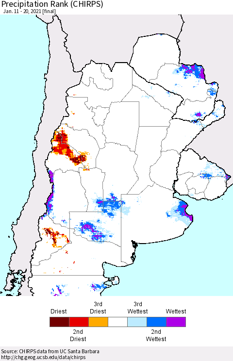 Southern South America Precipitation Rank (CHIRPS) Thematic Map For 1/11/2021 - 1/20/2021