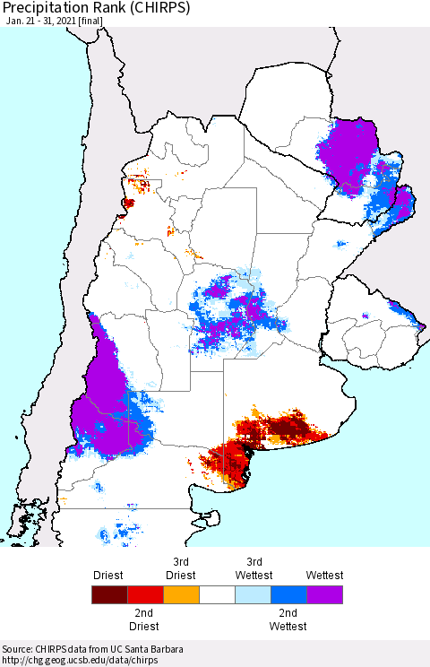 Southern South America Precipitation Rank (CHIRPS) Thematic Map For 1/21/2021 - 1/31/2021