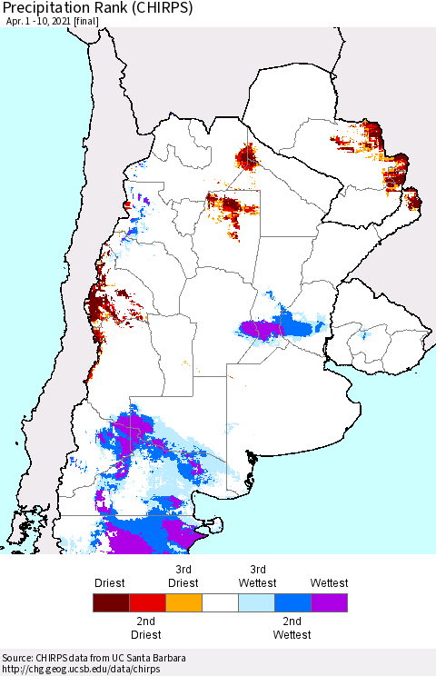 Southern South America Precipitation Rank (CHIRPS) Thematic Map For 4/1/2021 - 4/10/2021