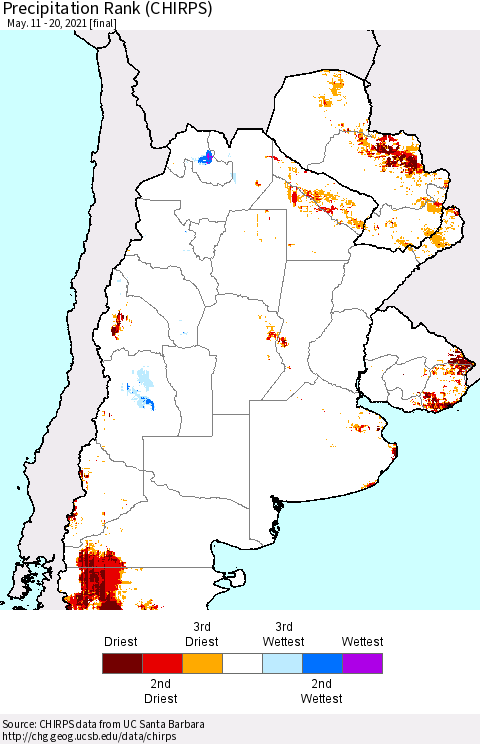 Southern South America Precipitation Rank (CHIRPS) Thematic Map For 5/11/2021 - 5/20/2021