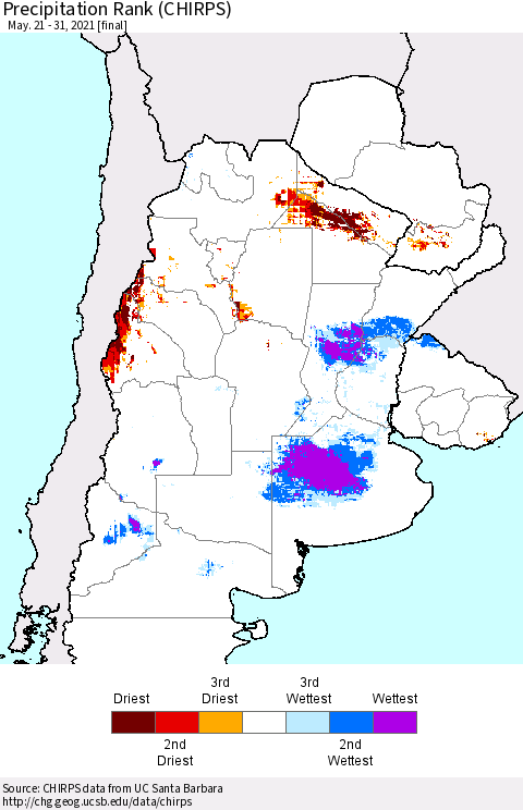Southern South America Precipitation Rank (CHIRPS) Thematic Map For 5/21/2021 - 5/31/2021