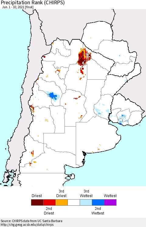 Southern South America Precipitation Rank (CHIRPS) Thematic Map For 6/1/2021 - 6/10/2021