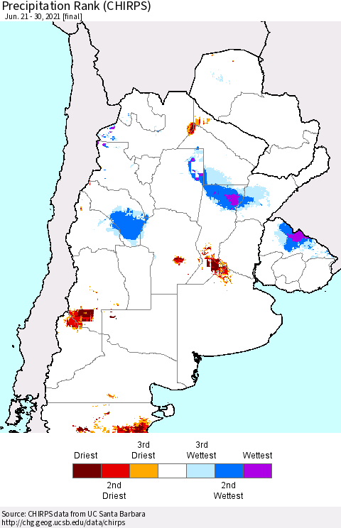 Southern South America Precipitation Rank (CHIRPS) Thematic Map For 6/21/2021 - 6/30/2021