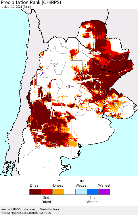 Southern South America Precipitation Rank (CHIRPS) Thematic Map For 7/1/2021 - 7/10/2021