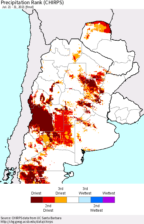 Southern South America Precipitation Rank (CHIRPS) Thematic Map For 7/21/2021 - 7/31/2021