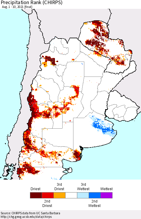Southern South America Precipitation Rank (CHIRPS) Thematic Map For 8/1/2021 - 8/10/2021