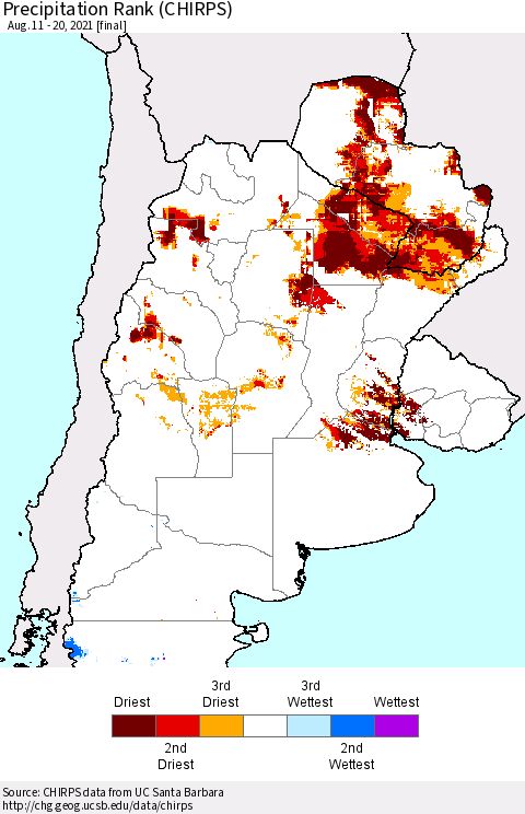 Southern South America Precipitation Rank (CHIRPS) Thematic Map For 8/11/2021 - 8/20/2021