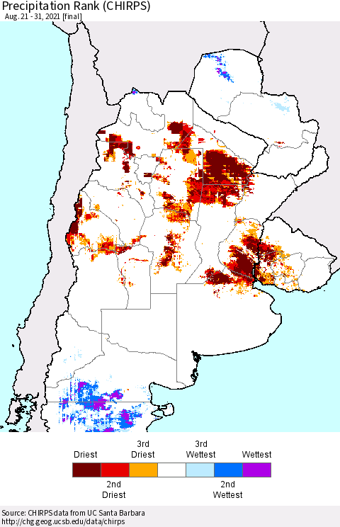 Southern South America Precipitation Rank (CHIRPS) Thematic Map For 8/21/2021 - 8/31/2021