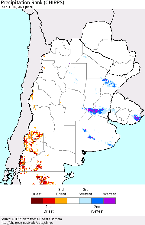 Southern South America Precipitation Rank (CHIRPS) Thematic Map For 9/1/2021 - 9/10/2021