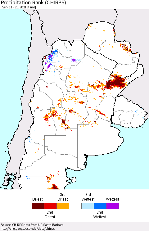 Southern South America Precipitation Rank (CHIRPS) Thematic Map For 9/11/2021 - 9/20/2021