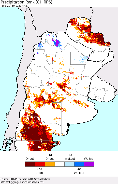Southern South America Precipitation Rank (CHIRPS) Thematic Map For 9/21/2021 - 9/30/2021
