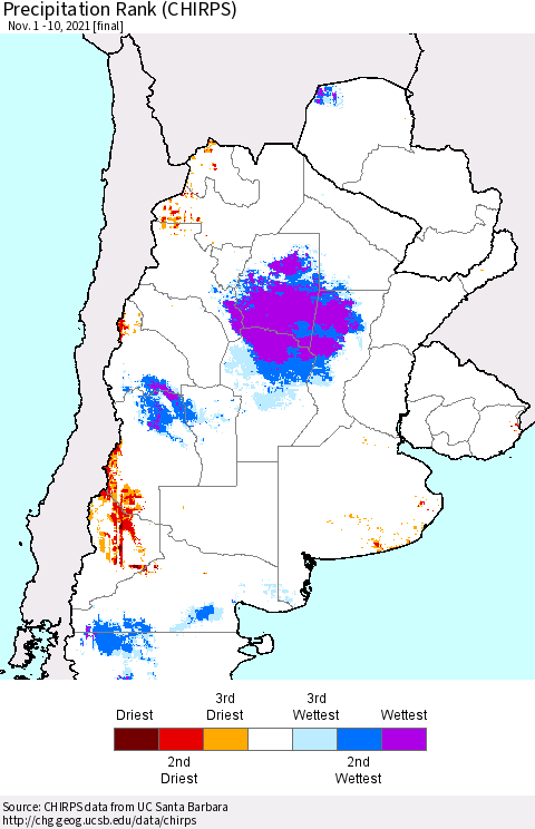 Southern South America Precipitation Rank (CHIRPS) Thematic Map For 11/1/2021 - 11/10/2021