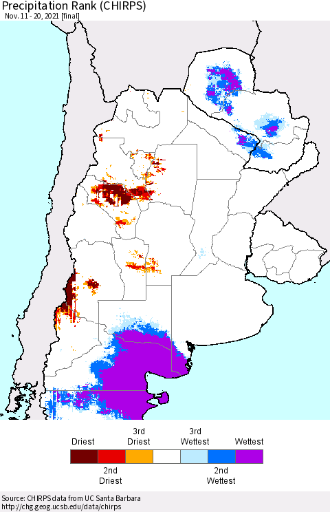 Southern South America Precipitation Rank (CHIRPS) Thematic Map For 11/11/2021 - 11/20/2021