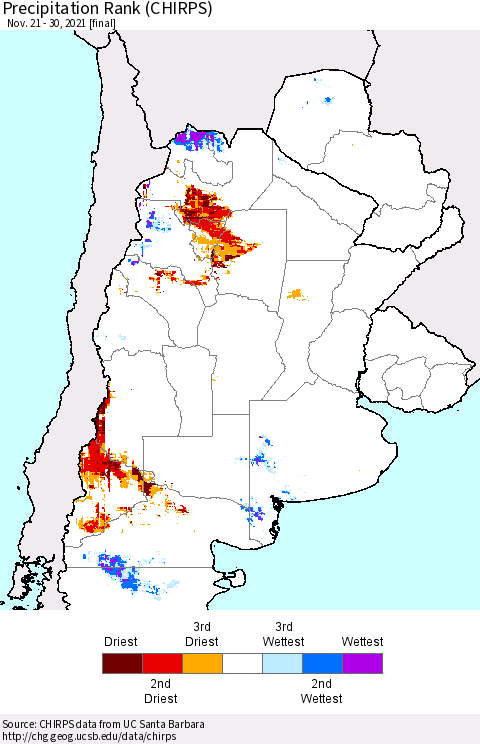 Southern South America Precipitation Rank (CHIRPS) Thematic Map For 11/21/2021 - 11/30/2021