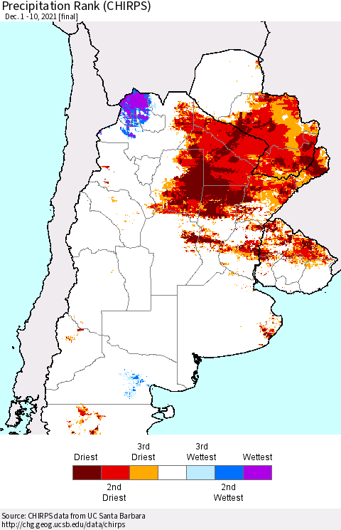Southern South America Precipitation Rank (CHIRPS) Thematic Map For 12/1/2021 - 12/10/2021